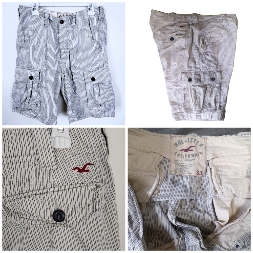 Y2k Hollister Cargo Shorts 33 x 10 Blue Railroad Striped Button Fly Nautical vtg